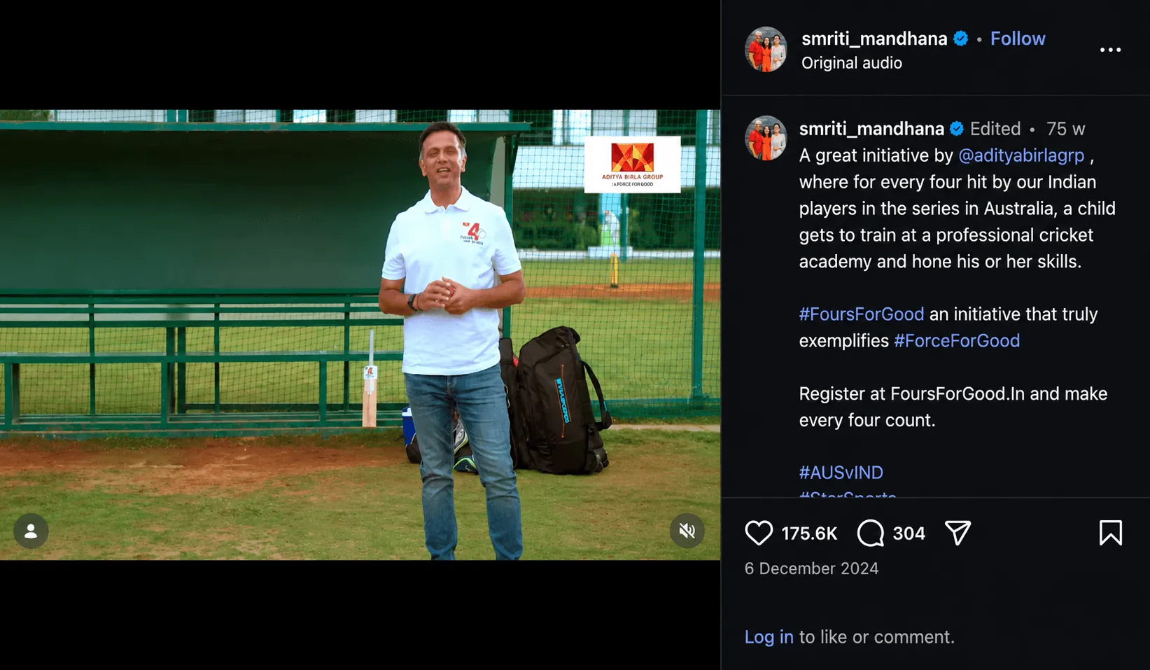 Fours for Good campaign social post featuring Smriti Mandhana - Impulse Digital Marketing Case Study